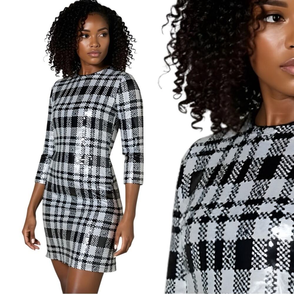 Draper James NWT Black and White Plaid Sequin Sheath Mini Dress Size 12 $98.00